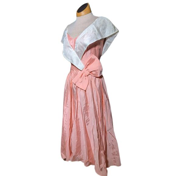 Vintage Dresses & Skirts - Vtg 1970s Alfred Angelo Peach Bow Accent Wrap Shoulder Formal Midi Dress Sz 6